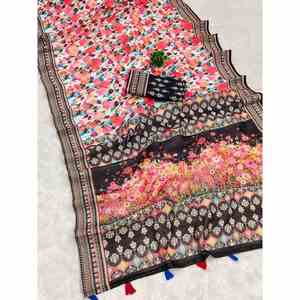 ผ้าลินินพิมพ์ลายดิจิตัล Saree เสื้อ unstitched สีชมพู - Product Image 1