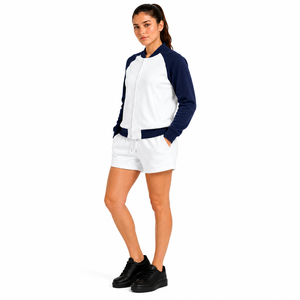 Custom Unisex Striped Varsity Shorts <b>Set</b> Contrast Raglan Sleeve Bomber Jacket Drawstring Shorts Heavyweight Two Piece Short Suit - Product Image 5