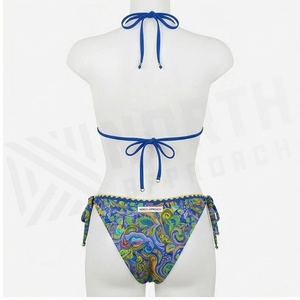 Women's 2 Piece <b>Bikini</b> <b>Set</b> Paisley Print Halter Top Tie Side Bottoms Stretch Swimwear <b>Blue</b> Multicolor Patterned Beachwear - Product Image 3