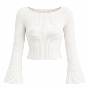 Pull court côtelé blanc pour femme, col bateau, manches longues évasées, coupe ajustée, décontracté, en Spandex/Coton, ODM, toutes saisons - Product Image 4