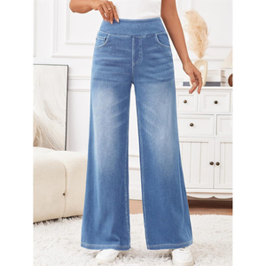 Pantalones Vaqueros de Cintura Alta, Pierna Ancha, Lavado Claro, Corte Holgado, Casuales para Mujer, con Bolsillos, Tela de Algodón, Estilo Primavera - Product Image 5