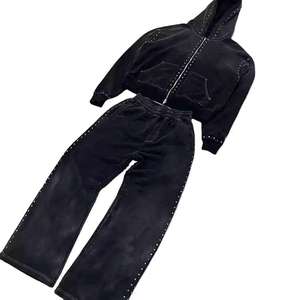 Ensemble de survêtement marron à capuche pour homme, avec détails entièrement ornés de strass, couleur unie, décontracté, avec cordon de serrage, sweat-shirt et pantalon, hiver - Product Image 4