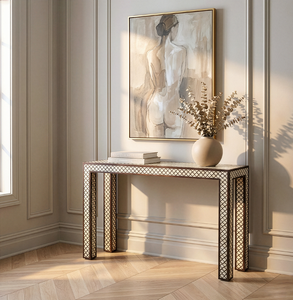 Una clásica mesa consola de madera marrón adornada con intrincados detalles de incrustaciones de hueso blanco, disponible a precios de mayorista. - Product Image 5