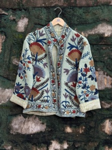 Mint Floral <b>Velvet</b> Woven Sujani Cotton <b>Jacket</b> <b>Women</b> Handmade Embroidery Ethnic Boho Heart Print Autumn Winter - Product Image 1