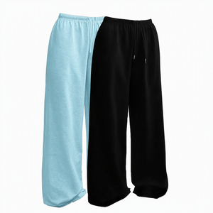 Pantalon sarouel en tissu éponge pour femmes, couleur unie, coupe ample, longueur complète, taille élastique, style décontracté, bleu et noir, vêtements de printemps - Product Image 5