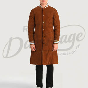 Abrigo Largo de Gamuza Genuina Marrón para Hombre, Estilo Universitario, con Mangas Acolchadas y Puños Acanalados a Rayas, Abrigo Premium Tipo Letterman - Product Image 4