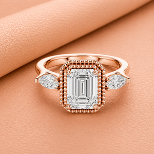 Bague de fiançailles de luxe en or rose avec halo de moissanite taille émeraude et pierres latérales en forme de poire pour femme, bijoux de mariage - Product Image 1
