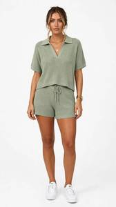 <b>Women's</b> <b>2</b> <b>Piece</b> Knit Shorts Set Short Sleeve Turn Down Collar Top Lace Up Casual Summer <b>Outfit</b> - Product Image 4