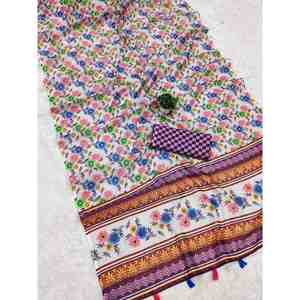 DISEÑADOR LINO IMPRESIÓN DIGITAL TRABAJO SAREE CON BLUSA SIN COSTAR BLANCO - Product Image 1