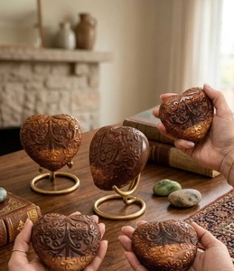 Urna de madera de palisandro tallada a mano con forma de corazón y base de latón, grabada con motivos florales, para guardar cenizas. - Product Image 5