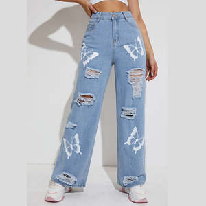Jean baggy à jambe large pour femme, taille mi-haute, coupe droite, en denim bleu tie-dye, avec dentelle et volants, pantalon de créateur, style streetwear décontracté - Product Image 1