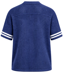 เสื้อเจอร์ซีย์คอวีสีน้ำเงินกรมท่า แบบถักลายทาง แขนสั้น ระบายอากาศได้ดี ทรงโอเวอร์ไซส์ สวมใส่สบาย เหมาะสำหรับทีมกีฬาและเป็นชุดยูนิฟอร์ม - Product Image 2