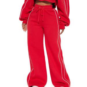 Ensemble de survêtement décontracté pour femmes avec bande latérale, en molleton de coton et pantalon de jogging à jambes larges, vêtements de sport, ensemble de détente 2 pièces, approvisionnement OEM - Product Image 3