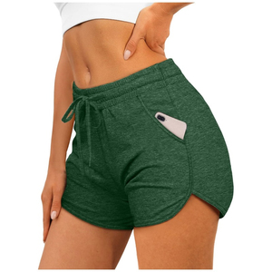 Nouveaux shorts taille haute pour femmes, en tricot de spandex et polyester, avec poches, cordon de serrage, sportifs, couleur unie noire, respirants et ajustés - Product Image 2