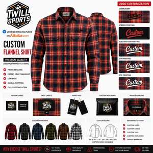 Custom Men's Long Sleeve Plaid Flannel Shirt Regular Fit Casual Red Navy 100% Cotton Heat-Transfer Printed Single <b>Button</b> Closure - Product Image 2