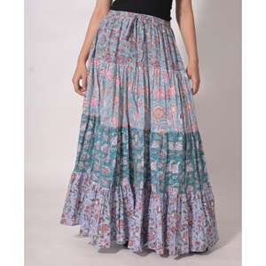 กระโปรงยาวผ้าฝ้ายทำมือลายปะติดปะต่อพิมพ์ลายดอกไม้สไตล์โบฮีเมียน กระโปรงแม็กซี่จีบระบาย ซักได้ เหมาะสำหรับงานเทศกาลสำหรับผู้หญิง - Product Image 1