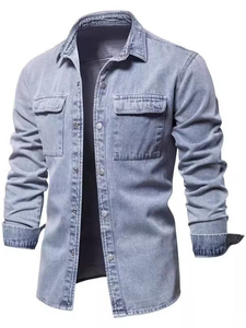Men's Slim Fit Dark Wash Denim Shirt Long Sleeve Turn-<b>down</b> Collar Breathable Casual Solid Color Full Button Front Pockets - Product Image 2