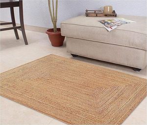 Tapis rectangulaire tressé réversible en jute naturelle, style minimaliste moderne, tapis d'extérieur en fibres naturelles 5x8 pieds - Product Image 4