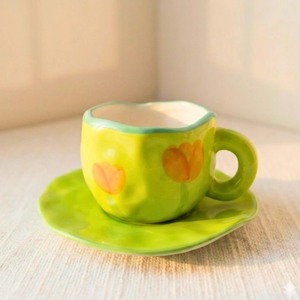 แก้วเซรามิกทำมือลายน่ารักสีเขียวพร้อมถาดสำหรับดื่มน้ำชายามบ่าย - Product Image 3