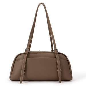 Brown Genuine Leather 14-Inch Detachable Strap Minimalist Style Female Shoulder Bag with Zipper Closure for Outdoor Use - Product Image 1