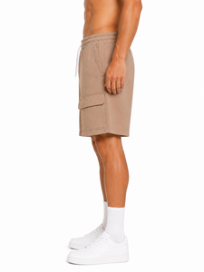 Shorts cargo en molleton pour homme, beiges, décontractés, avec poches utilitaires, taille élastique confortable, cordon de serrage, coupe décontractée - Product Image 3