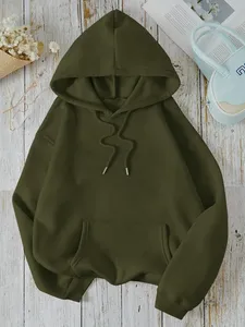 Sweat-shirt à capuche unisexe vert foncé, coupe ample, en coton French Terry, décontracté, avec poche, longueur standard, pull tricoté pour l'automne - Product Image 4