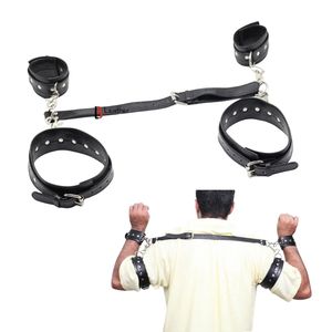 Black <b>Leather</b> <b>Wrist</b> <b>Cuffs</b> Set with Metal Buckles and Chain Connector - Product Image 4