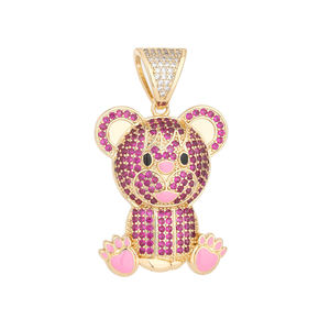 Pendentif Ours Mignon en Plaqué Or avec Moissanite Micro-Pavée et Émail Rose, Breloque Unisexe Animale Colorée pour Bijoux - Product Image 4