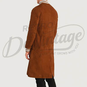 Abrigo Largo de Gamuza Genuina Marrón para Hombre, Estilo Universitario, con Mangas Acolchadas y Puños Acanalados a Rayas, Abrigo Premium Tipo Letterman - Product Image 2