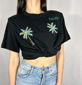 Camiseta de Algodón con Bordado de Cuentas de Palmera, Aplique de Cuentas Hecho a Mano, Manga Corta Negra, Ropa Casual de Verano - Product Image 2