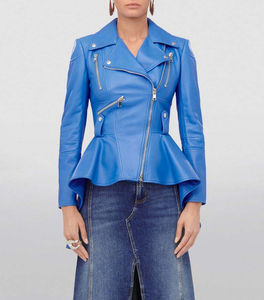 Natural Leather <b>Peplum</b> Women <b>Jacket</b> Real Sheep Blue Zipper Fashion Designer Autumn Winter Breathable Letter Logo - Product Image 4