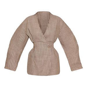 Nueva Chaqueta Blazer Cruzada de Lino y Algodón a Rayas para Mujer, Cuello en V, Botón Único, con Lazo en la Cintura, Casual, Holgada, Oversize, Verano, Venta al por Mayor - Product Image 2