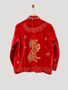 Vintage Red <b>Velvet</b> Embroidered Suzani <b>Jacket</b> With Horse Pattern Full Sleeve Stand Collar Handmade Bohemian Tribal Coat - Product Image 2