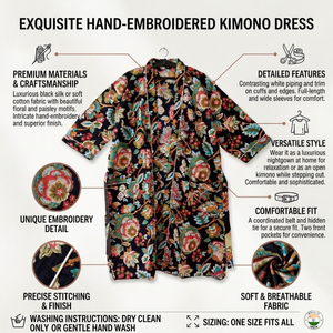 Robe kimono florale Kalamkari noire de luxe pour femmes |   Robe de chambre courte en coton avec poches |   Ensemble de vêtements de nuit à manches longues et col en V - Product Image 2