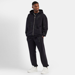 OEM <b>Winter</b> Hooded Streetwear Rhinestone Tracksuit Set Cotton Fleece Zipper Tracksuit Flare Jogger Two-Piece Wholesale - Product Image 3