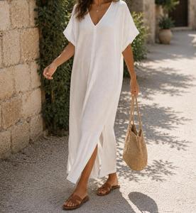 Robe Kaftan en Coton Double Gaze Unie Respirante pour Femme – Idéale pour l'Été, la Plage, les Vacances, les Croisières et les Soirées – Prix de Gros - Product Image 3