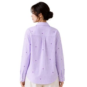 Camisa de Mujer Personalizada con Botones, Rayas Blancas y Moradas Lavanda, Blusa de Algodón de Manga Larga con Bordado de Corazón, Corte Holgado, Estilo Casual - Product Image 2