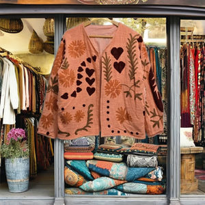 Handmade Knitted TNT Cotton Boho Winter <b>Quilted</b> Fish Leather Windproof Embroidered Floral <b>Pattern</b> Suzani V-neck <b>Jacket</b> Women - Product Image 4