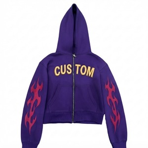 Sweat-shirt à capuche zippé personnalisé avec motifs numériques en relief, 100 % coton, coupe oversize courte, style hip-hop unisexe, idéal pour l'automne - Product Image 1