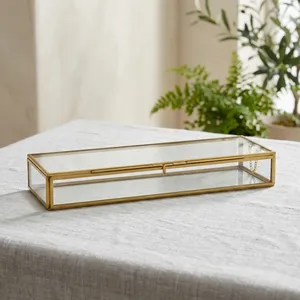 Artisan Design Glass and Brass with <b>Mirror</b> Rectangular Storage <b>Box</b> with Glass Lid for <b>Jewelry</b> and Cosmetics Display - Product Image 4