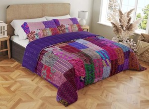 Indian Vintage Patchwork Kantha <b>Bed</b> Cover Handmade Patola Silk Cotton Filled All-Season Bohemian Bedding <b>Throw</b> From Rajasthan - Product Image 3