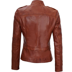 Chaquetas de Cuero para Mujer, Estilo Biker, con Cierre, de Cuero Genuino, Color Marrón Personalizado - Product Image 2