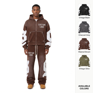 Custom Men's Heavyweight Knitted Fleece Embroidered Tracksuit Set <b>Oversized</b> Half Zip Hoodie Flared <b>Sweatpants</b> Color Blocking - Product Image 1