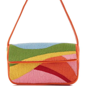 Sac à bandoulière multicolore avec broderie de perles abstraites, sangle orange, pochette à la mode pour femmes, sac à main d'été style boho rétro - Product Image 1