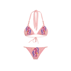 Custom Fabrics Handmade <b>Pink</b> Beaded Embroidery <b>Bikini</b> <b>Set</b> Halter Neckline Two Piece Swimwear Full Craft <b>Set</b> for Women Wear - Product Image 1