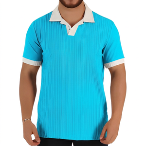 Polo à manches courtes rayé pour homme avec bordure contrastée Coupe classique Vêtement décontracté Tissu tissé Col gris blanc - Product Image 3