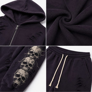 Chándal unisex con capucha y estampado de calavera gótica, de corte holgado y largo, para otoño, con bolsillos laterales y cremallera, color negro. - Product Image 6