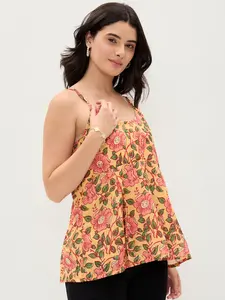 Top Moderno para Mujer, Amarillo Estampado, de Algodón con Tirantes Finos y Cuello Mao, para Fiestas, Bodas y Ocasiones Festivas - Product Image 4