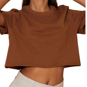 T-shirt décontracté en maille à manches courtes et col rond pour femme, couleur unie, coupe classique, marron, printemps-été - Product Image 1