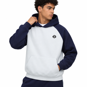 <b>Men's</b> Two Tone Raglan Hoodie <b>Navy</b> White <b>Fleece</b> Pullover Kangaroo Pocket Embroidered Custom OEM Private Label Streetwear - Product Image 1